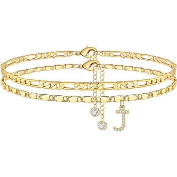 Ankle Bracelets for Women,14K GoldPlated Dainty Layered Chain CZ Initial Anklets - Picture 1 of 7